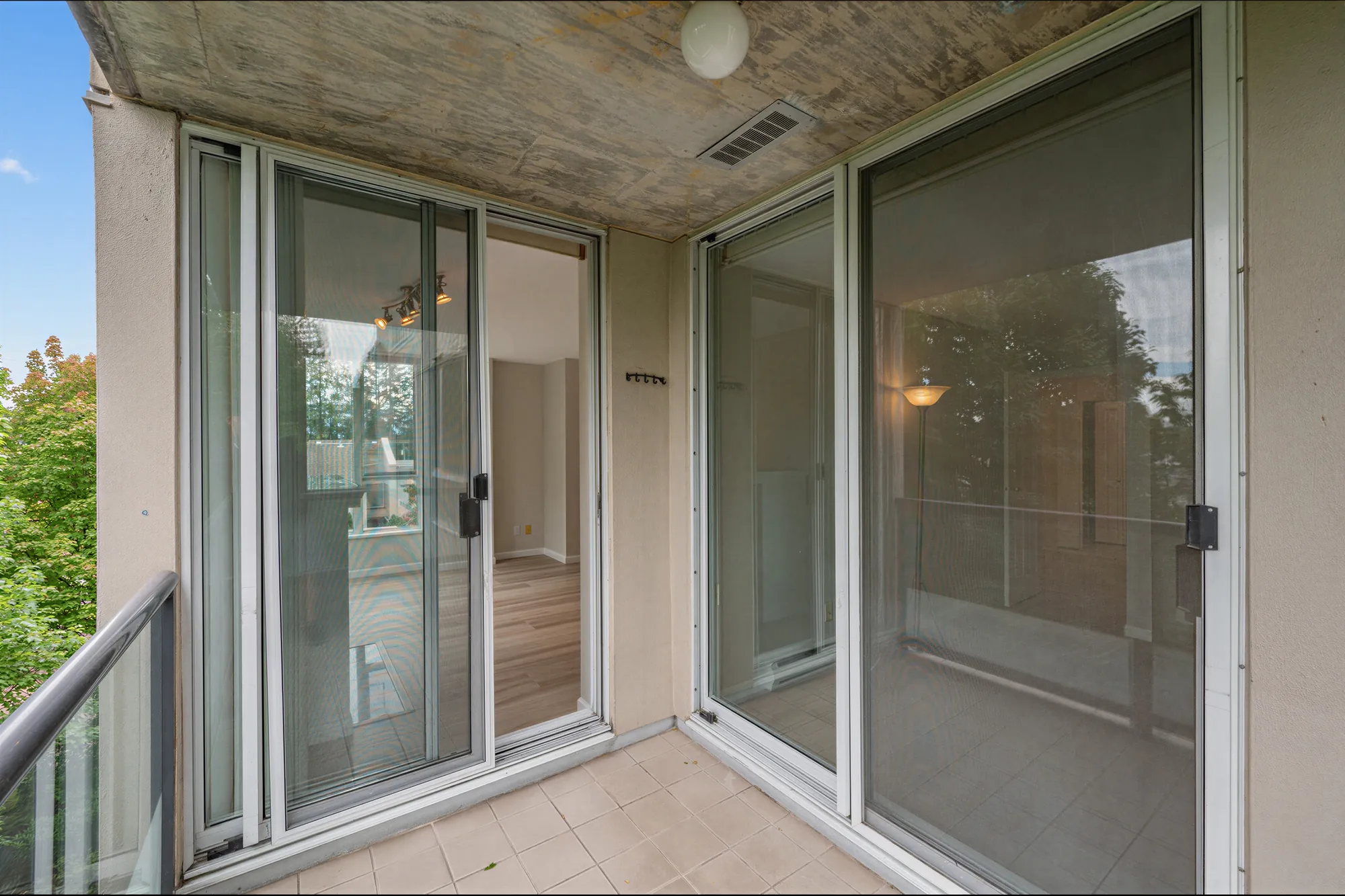 The full width of the balcony along the front of the home