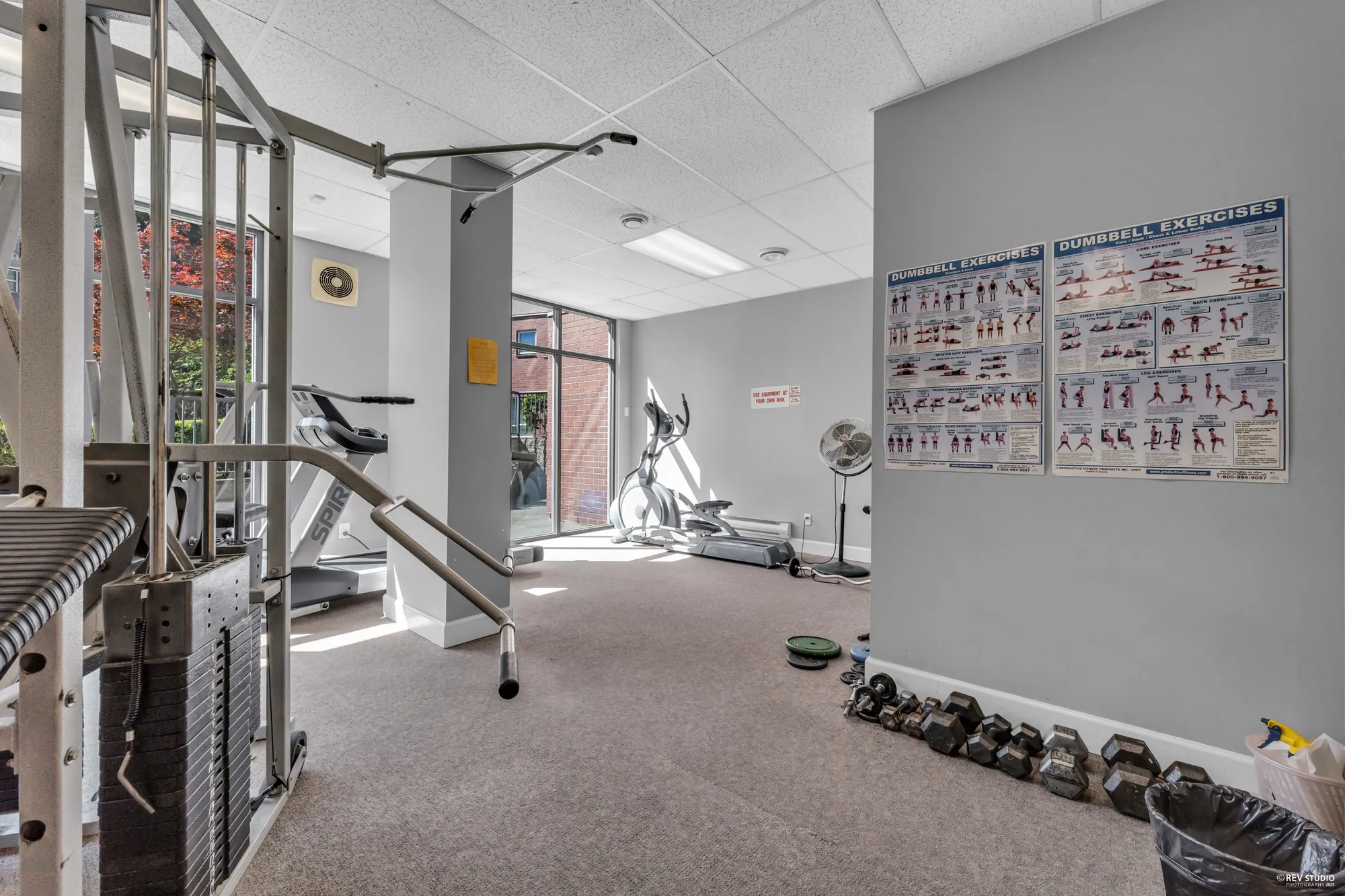 The exercise room with a cable machine, treadmill and free weights