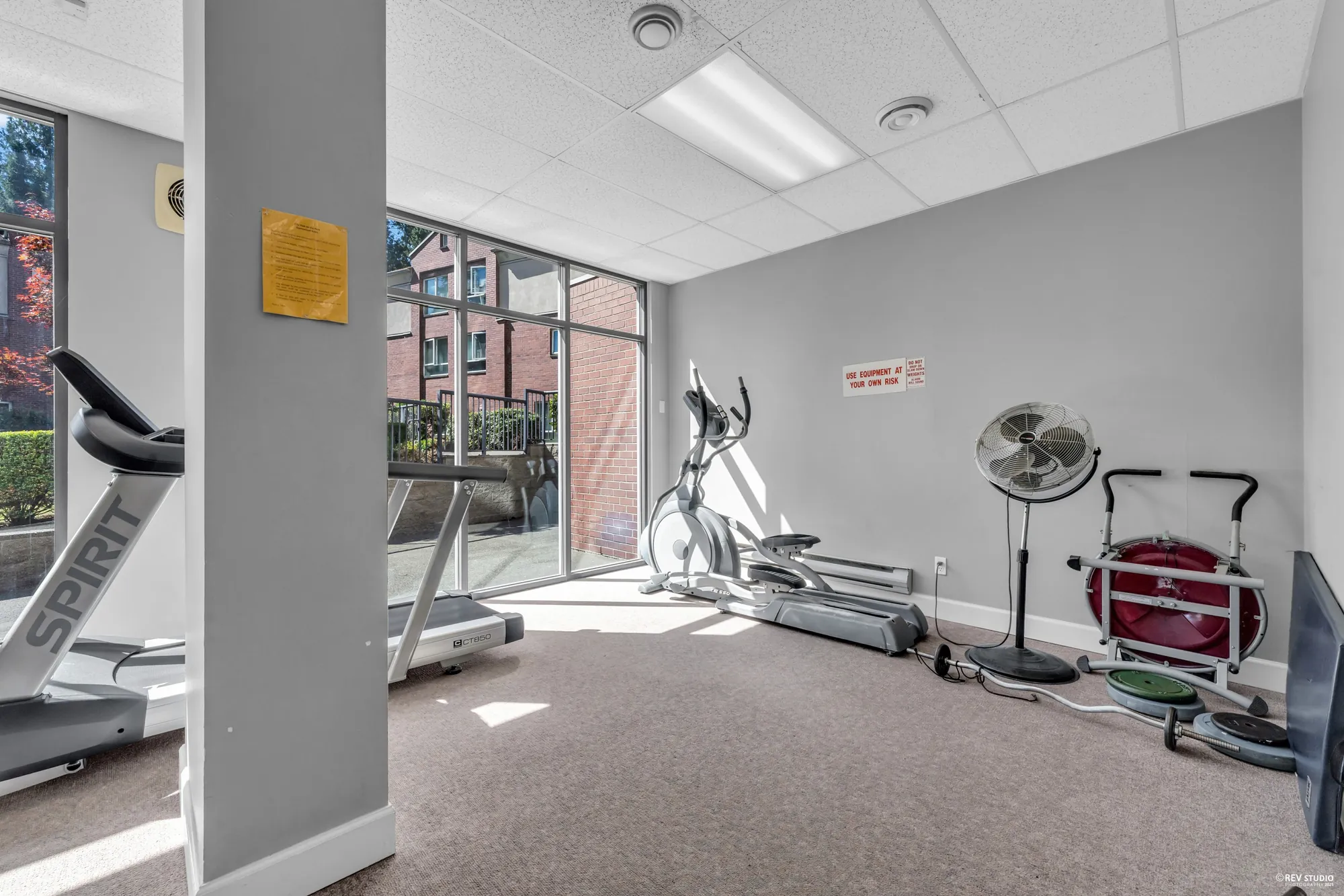 The exercise room from the other end, windows onto the garden