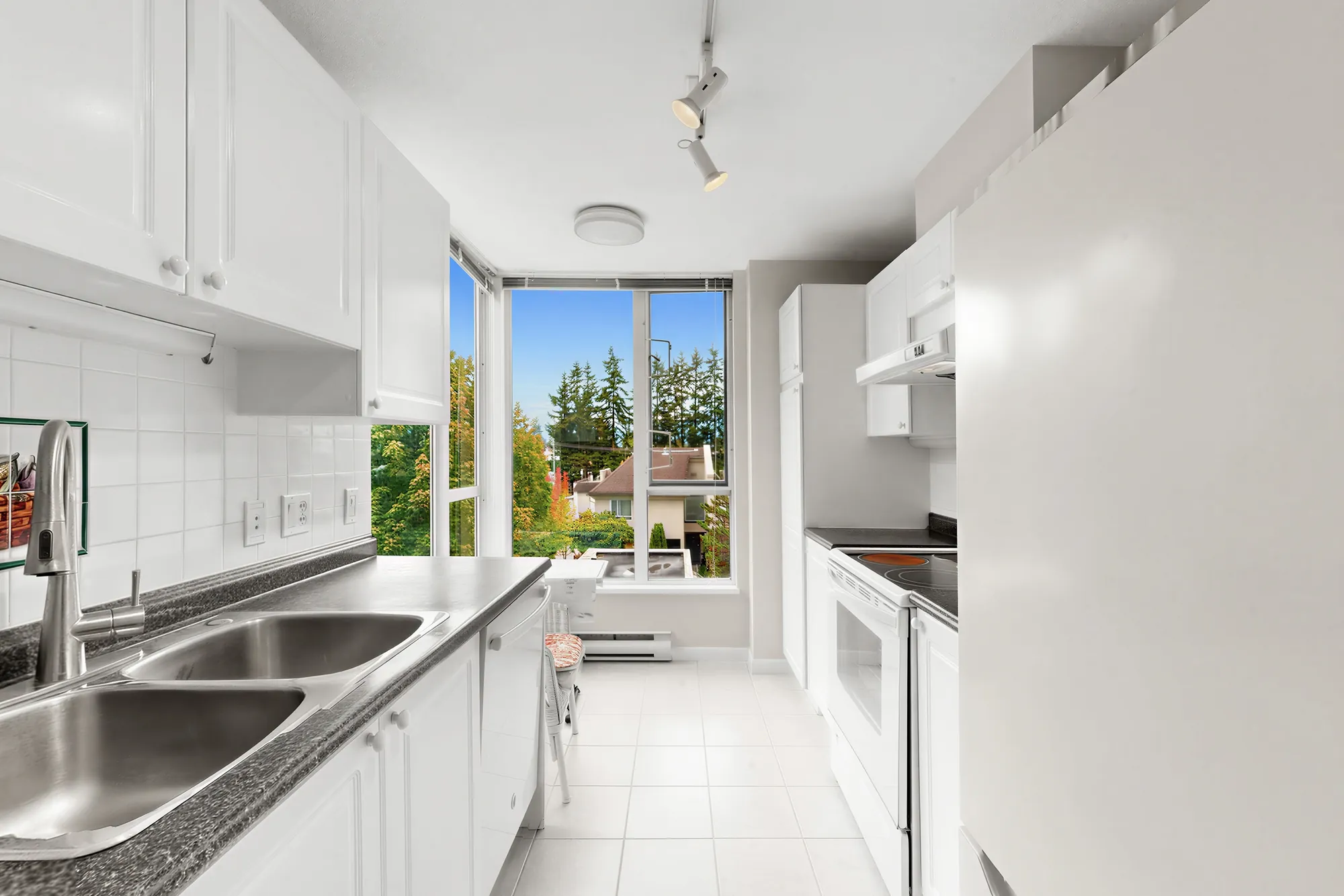 The kitchen from the doorway, appliances along the far wall